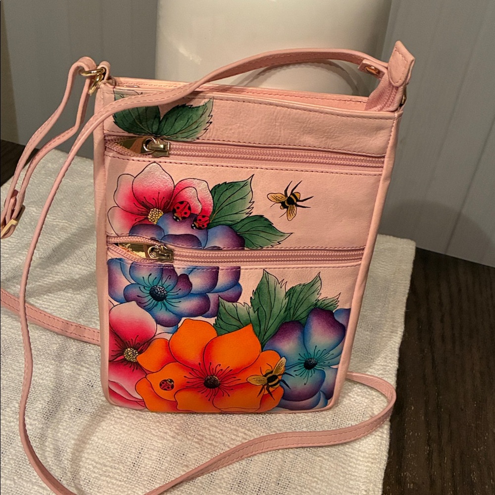Anuschka hand painted genuine leather Multicolor Floral Crossbody Bag - Picture 2 of 7